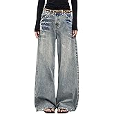 EMMIOL 2026 Women’s Mid High Waisted Wide Leg Jeans Rivet Y2K Baggy Jeans Trendy Loose Straight Denim Pants with Pockets