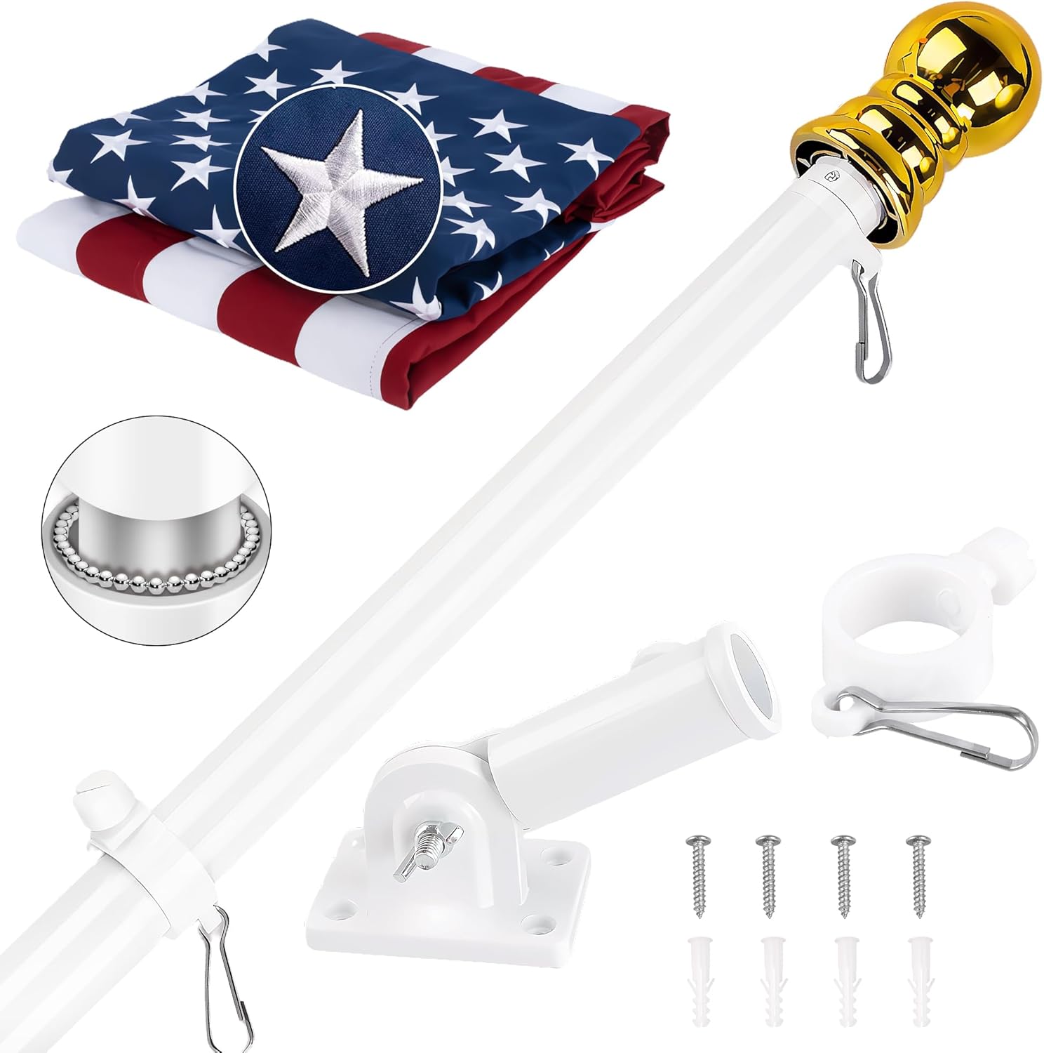 Flagpole Hardware - American Flag with Pole for House 3x5 ft US Flags Pole Kit - Embroidered Stars and Sewn Stripes - 6 Ft No Tangle Flagpole Aluminum and 180° Position Flag Pole Bracket-White