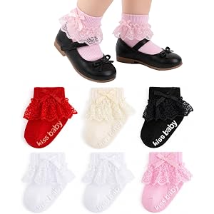 QHANSHIEE Baby Girl Lace Ruffles Socks Cute Frilly Bow Grip Ankle Socks Princess Fancy Dress Sock for Newborn Infants Toddler
