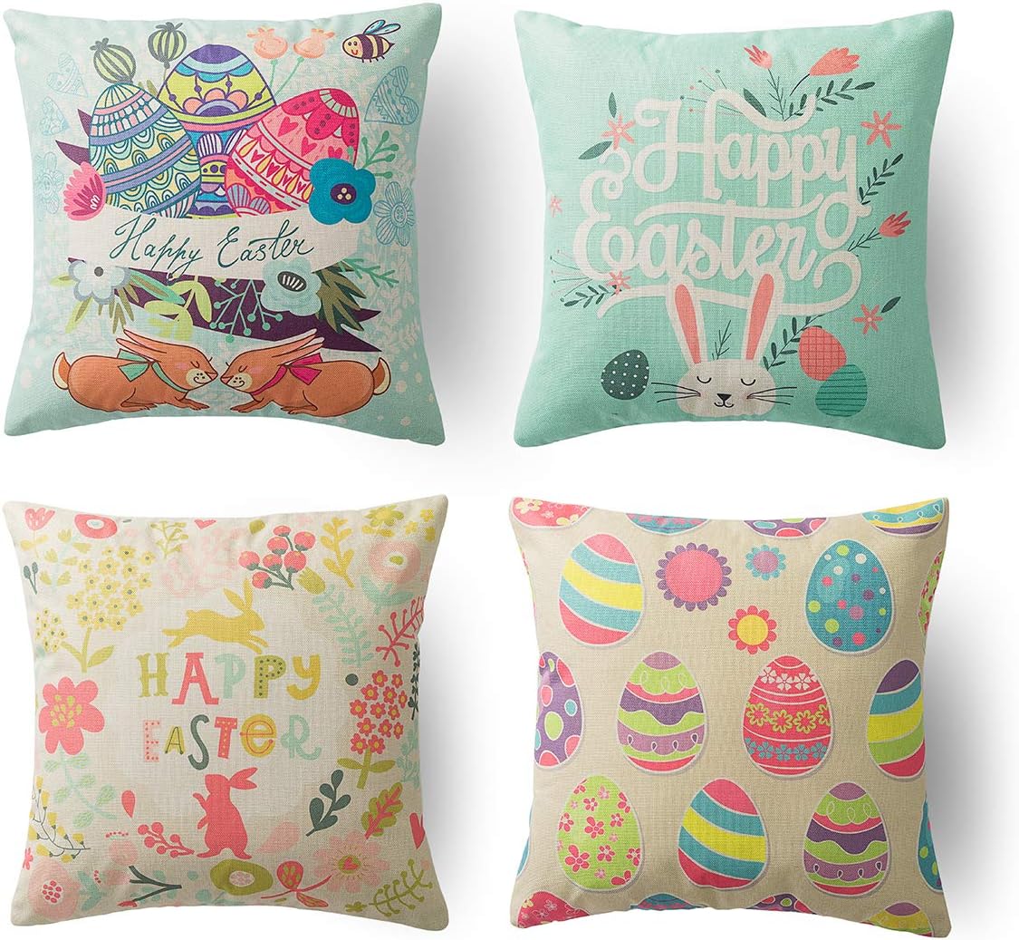 Xinrjojo Set of 4 Easter Vintage Victorian Easter Bunnies Giant Easter Egg Cotton Linen Square Decorative Throw Pillow Case Cushion Cover 18X18 Inch