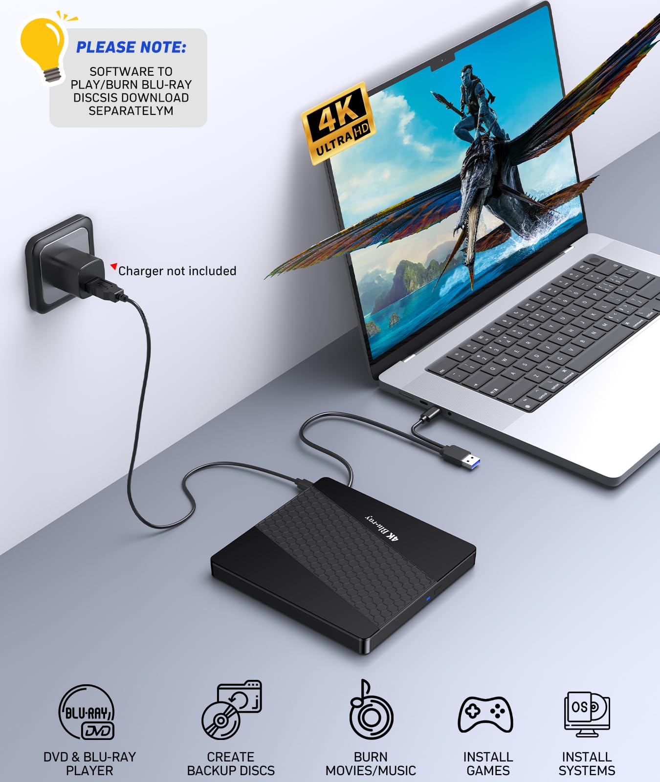 XRTFORE External 4k Blu Ray Drive for PC,Portable 4k UHD Blu Ray Player,SD/TF Port with Carry Case, USB 3.0 HD Blu-Ray Player,DVD+/-RW External Optical Drive for MacBook Pro Windows Laptop, black