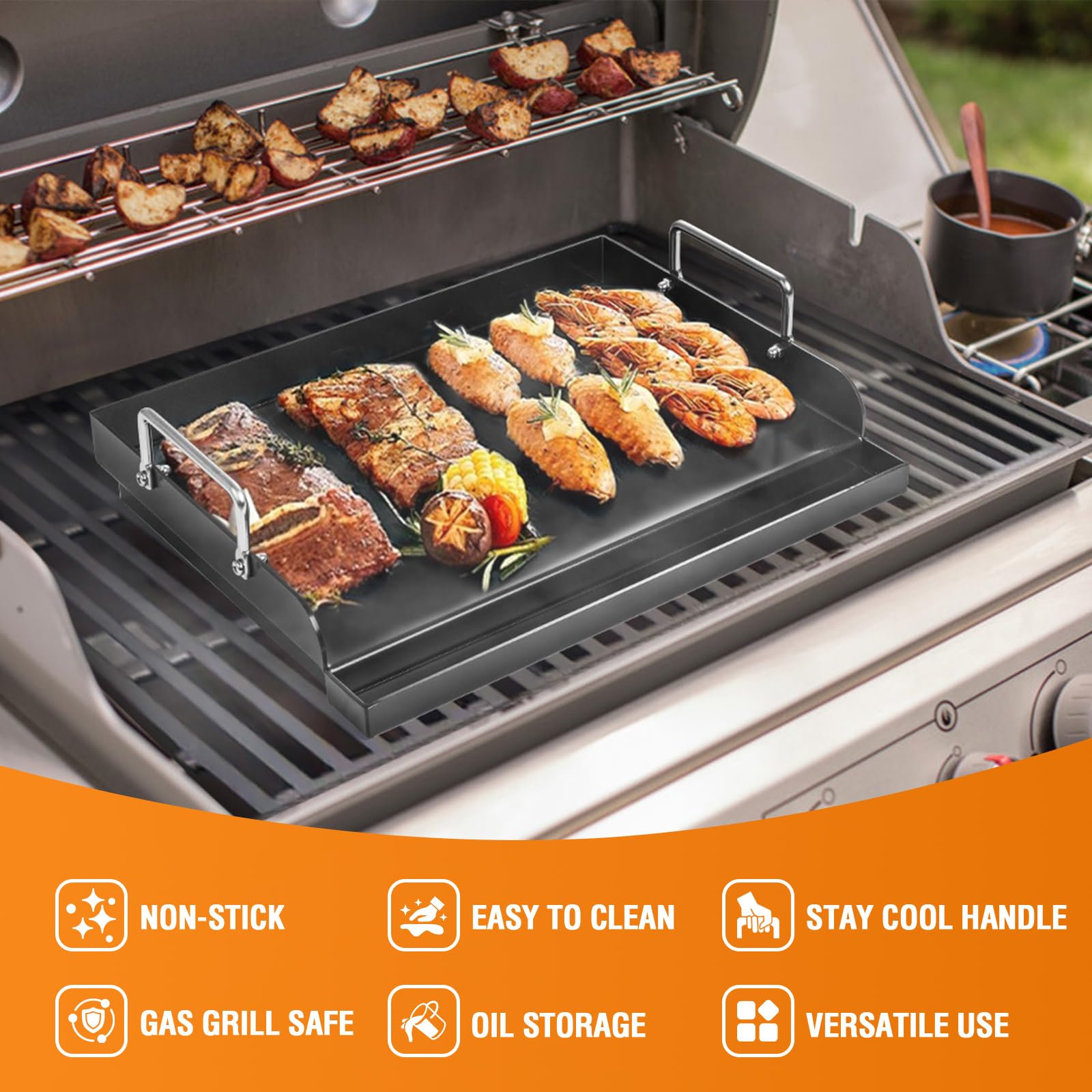 Universal BBQ Plancha Grillplatte 63,5 x 40,6 CM mit Abnehmbarer Griff, Universal passend für Weber Gasgrill & Holzkohlegrill,Grillpfanne für Burger Fleisch Gemüse 4