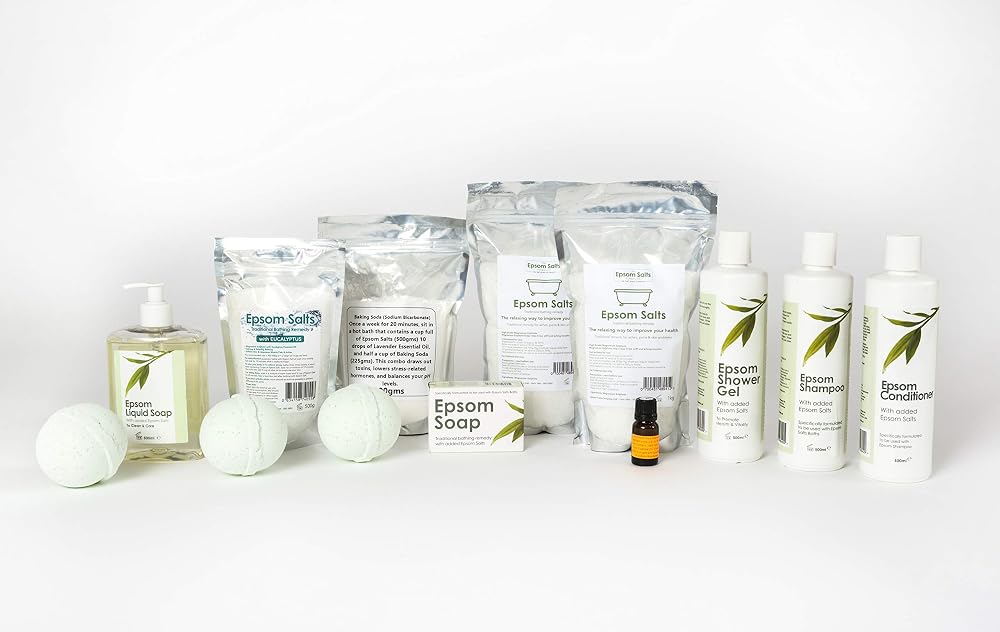 Epsom Luxury Bath Salts Gift Set 3pc Shower Gel Soap 1Kg Salts Bath Bomb