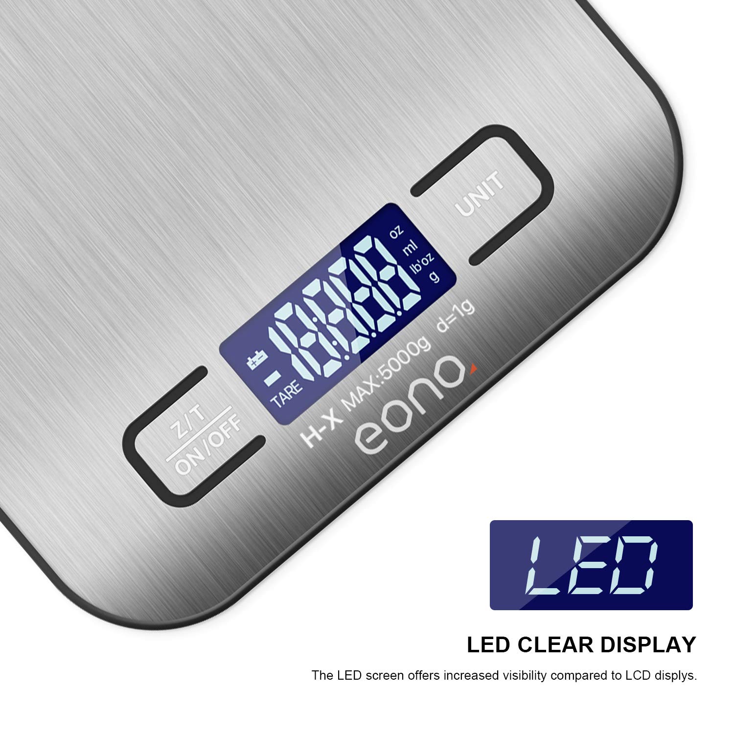 Eono by Amazon - Digital Kitchen Weighing Scale, Premium Stainless Steel Food Scales Weight Grams and Oz for Baking and Cooking 5KG/1g- 15Yr Guarantee