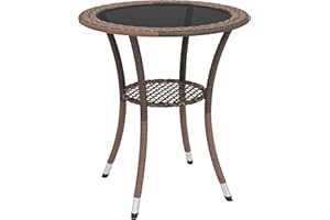 Outsunny Φ25.2 Outdoor Wicker Dining Table, Rattan Patio Round Coffee Table with 2-Tier Storage Shelf, Metal Frame Side Table