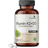 Futurebiotics Vitamin K2 with D3, 2 in 1 Support, 5000 IU Vitamin D3 &amp; 90 mcg Vitamin K2 MK-7 Non-GMO, 120 Tablets