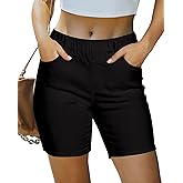 luvamia Jean Shorts for Women Trendy Pull On Mid Rise Elastic Waist Summer Casual Stretchy Long Denim Walking Shorts