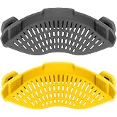 AUOON Clip On Strainer for Pots, 2Pack, Standard 8.86 x 3.55 in, GrayYellow | Food-grade Silicone, Fits Pots Pans Bowls, Dishwasher Safe, for Pasta Noodles Vegetable Fruits, Space-saving Kitchen Gadget