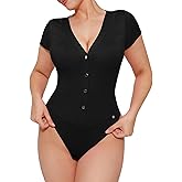 Popilush Body Suits for Womens Tummy Control Shapewear Bodysuit V Neck Casual Short Sleeve Thong
