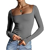 Am Direct Women Square Neck Long Sleeve Tops Double Lined Going Out T Shirts