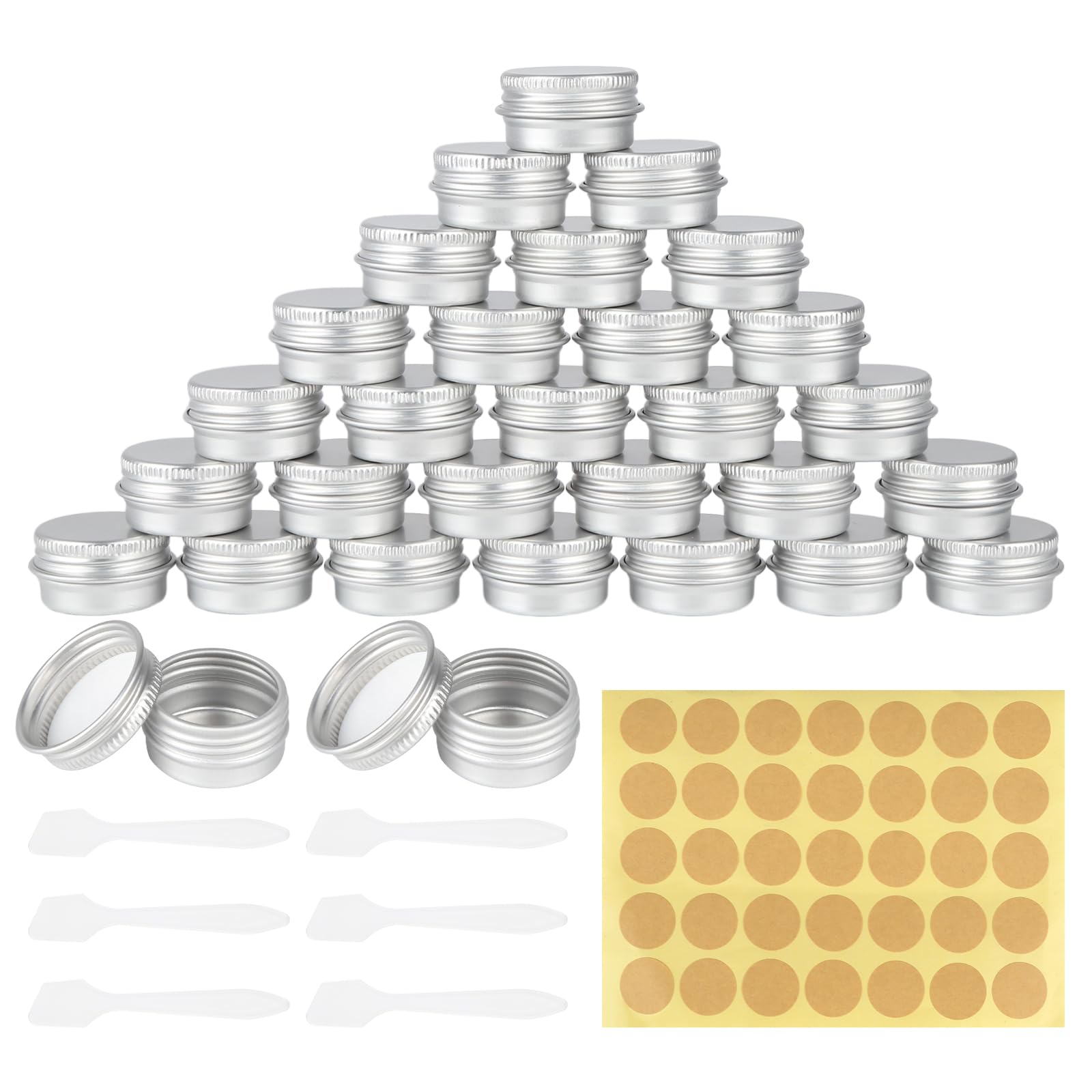 RVLZKCPG Aluminium Lip Balm Containers, Pack of 30 Small Tins, 5 ml Cream Jars for Filling, Jars with Lid with Round Stickers and Cream Scoop for Lip Balm, Cosmetics, Cream, Samples (Silver)