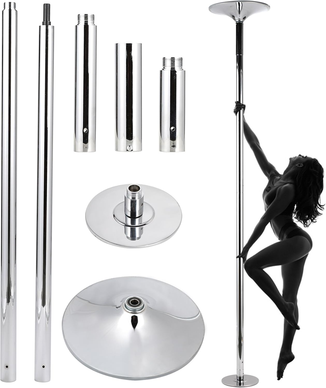 Pinty Barra Pole Dance Palo Portátil Profesional Tubo de Acero Inoxidable de 45 mm Fitness Ejercicio Palo Spinning Estático para Club, Fiesta, Bar, ...