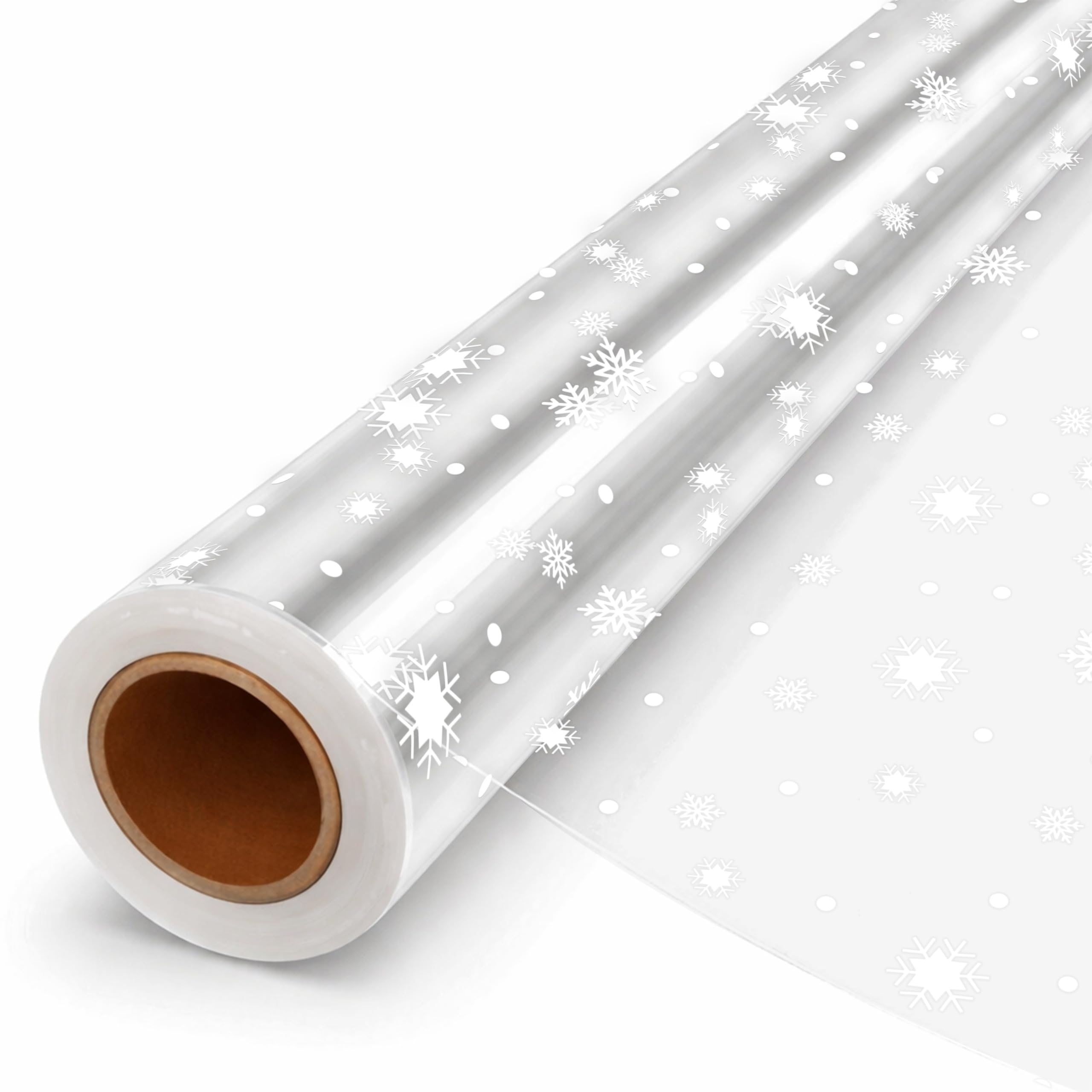 30m Christmas Cellophane Wrap, Clear Cellophane Wrap with Snowflake Design for Hampers, Cellophane Roll for Gift Baskets and Christmas Gifts, Cellophane Roll (40cm Wide)