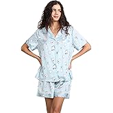 YiNi LuLu Womens Silk Satin Shorts Pajamas Set Button Down 2 Piece Pjs Short Sleeve Oversized Sleepwear with Pockets