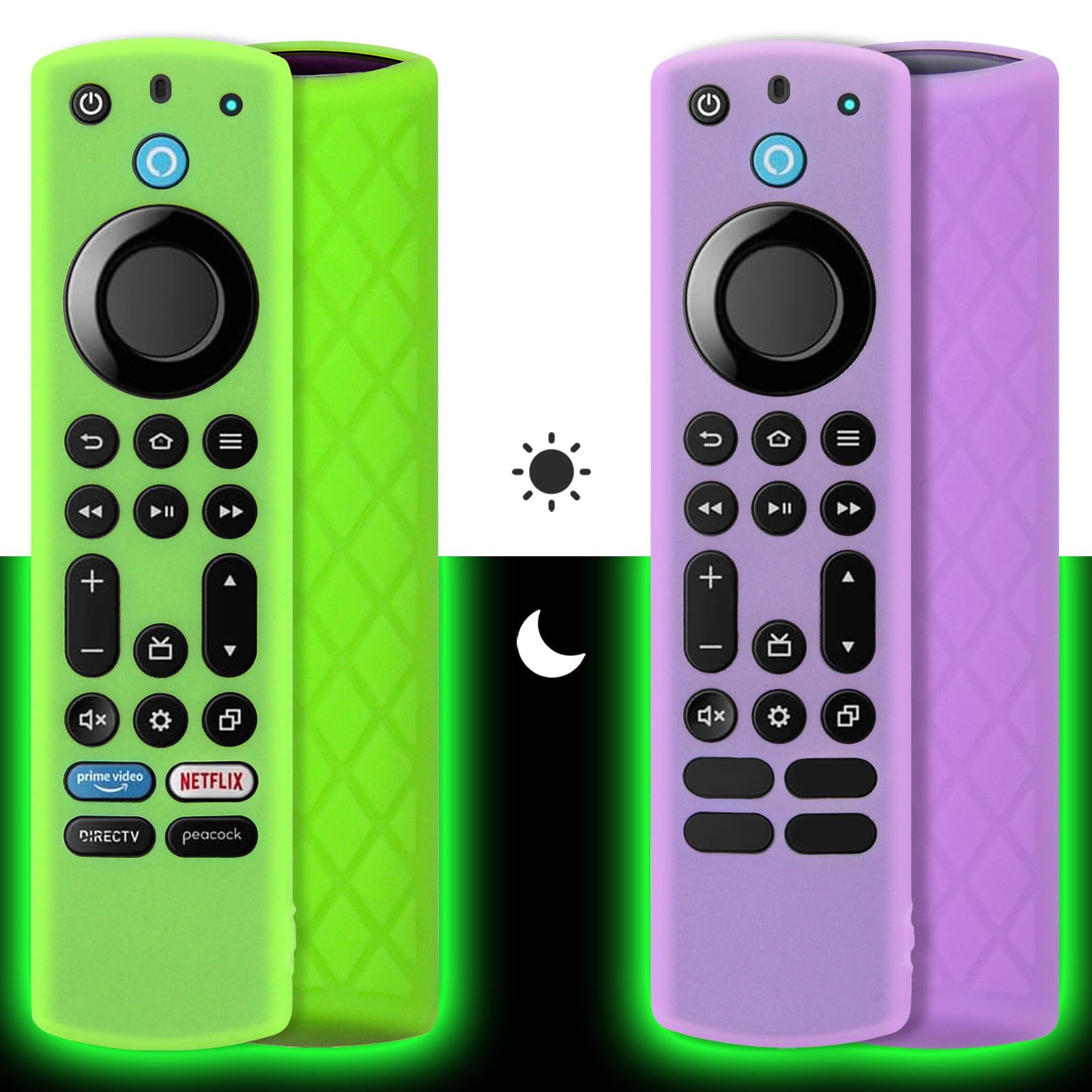 Pinowu Silicone Remote Case (2pcs) for Fire TV Stick 4K Max/Insignia/Pioneer/Omni Series Fire TV Alexa Voice Remote Enhanced w/Lanyard (Green and Purple, Both Glow)