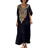 ZSWDXX Women V Neck Embroidery Kaftan Dress Loose Casual Beach Cover Up Long Caftans Maxi Dresses