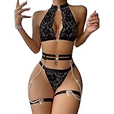 Foxiny Sexy Halter Heart Ring Cutout Chain Floral Lace Sheer Garter Belt Lingerie Set 3 Piece