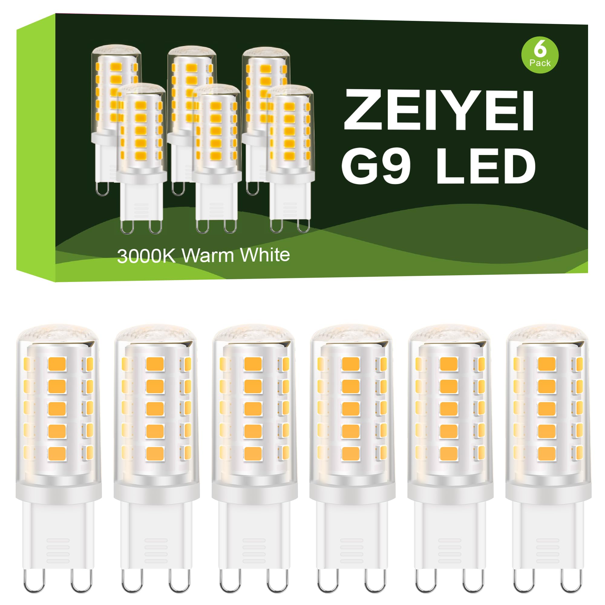 ZEIYEI G9 LED Bulbs, 6-Pack, 4W (40-50W Halogen Equivalent), 3000K Warm White, Non-Dimmable - Ideal for Chandeliers, Ceiling Fans, Wall Sconces, Home and Office Lighting.