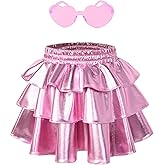 Perfashion Girls' Sparkle Metallic Skirts Layers Ruffle Sequin Tutu Dance Skirt with Sunglasses for Kids 6-15 Years
