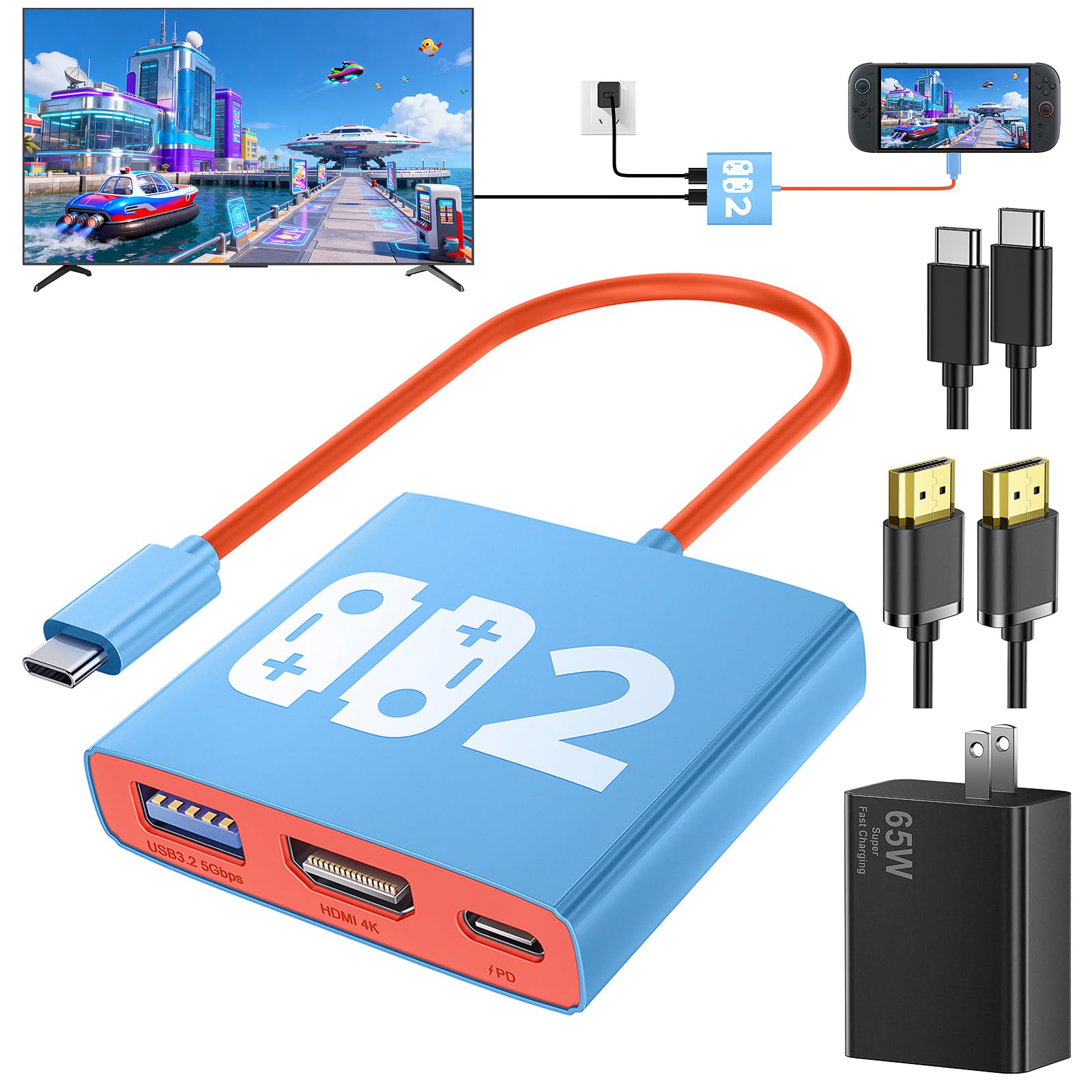 4-in-1 Switch 2/1/OLED Dock Set, Bemkiru Portable Travel Dock Adapter for Nintendo Switch 2 with HDMI 4K@60Hz, USB 3.2 & PD 100W Port, 65W Power AC Charger & HDMI & 5FT USB-C Cable
