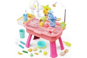 SHXYKZ Water Table for Toddlers1-3, Water Table for Kids Ages 4-8 with Pump, Play Sink with Running Water, Kitchen Sink for Toddlers, Fishing Game and Outside Sensory Toys, Pink