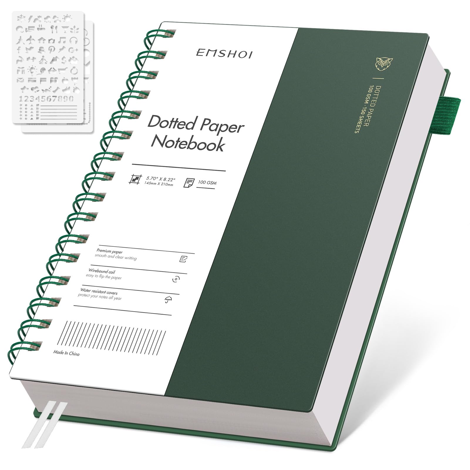 EMSHOI A5 Notebook College Ruled, Spiral Notepad 150 Sheets/300 Pages, 100gsm, PVC Cover, Sticky Notes, Pocket, Pen Loop, Ruler, Bookmark, Lined Journal for Women Men Writing, 14.5 x 21cm, Green