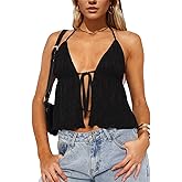 Women Y2k Front Tie Crop Tops Halter Neck Flowy Plisse Summer Going Out Top Sexy Split Sleeveless Cami Shirt