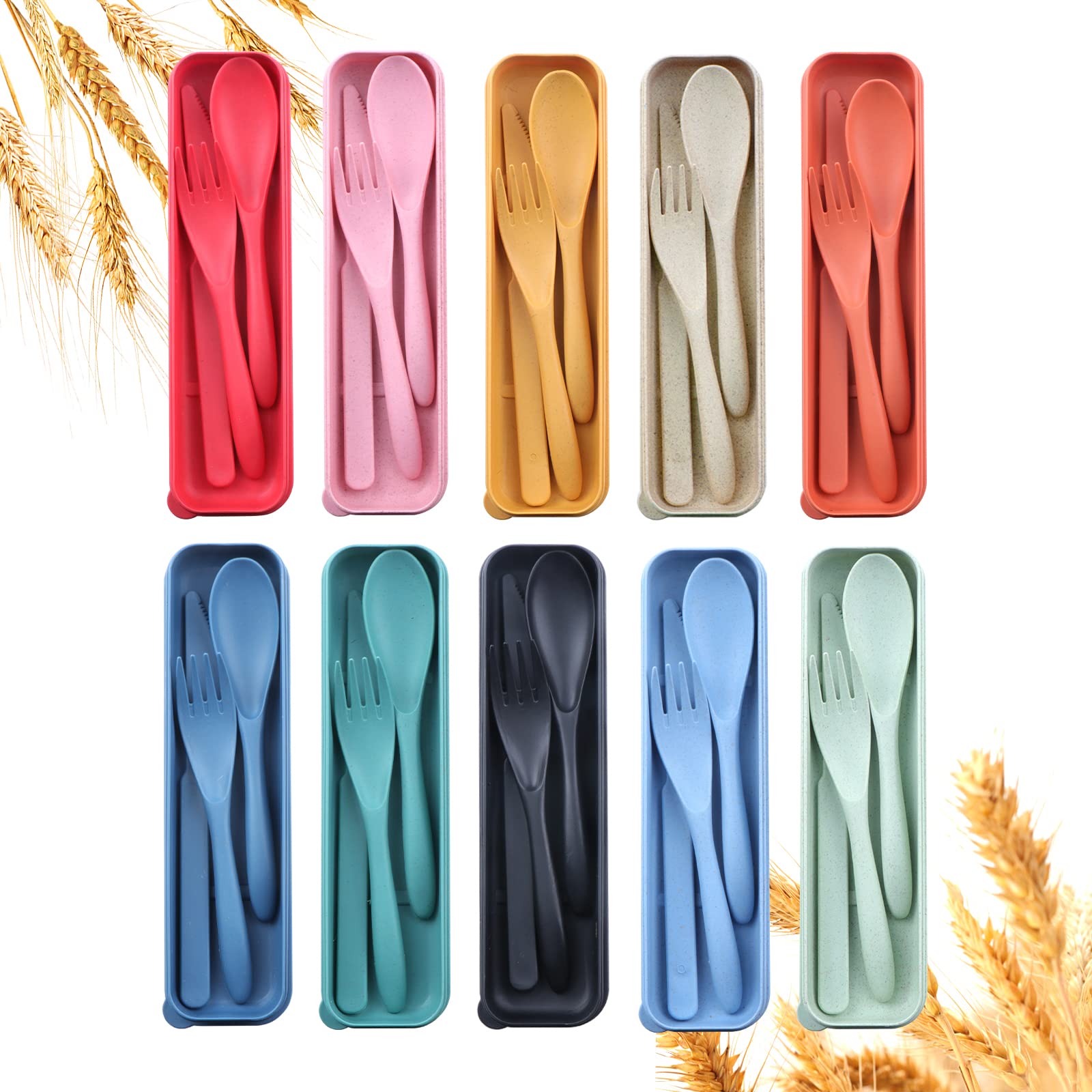 Photo 1 of ** 8 SETS ** Reusable Travel Utensils Set with Case, 10 Sets Wheat Straw Portable Plastic Fork Spoons Knife Camping Cutlery, Eco-Friendly BPA Free Lunch Tableware Travel Picnic Utensils for Kids Adults Daily Use