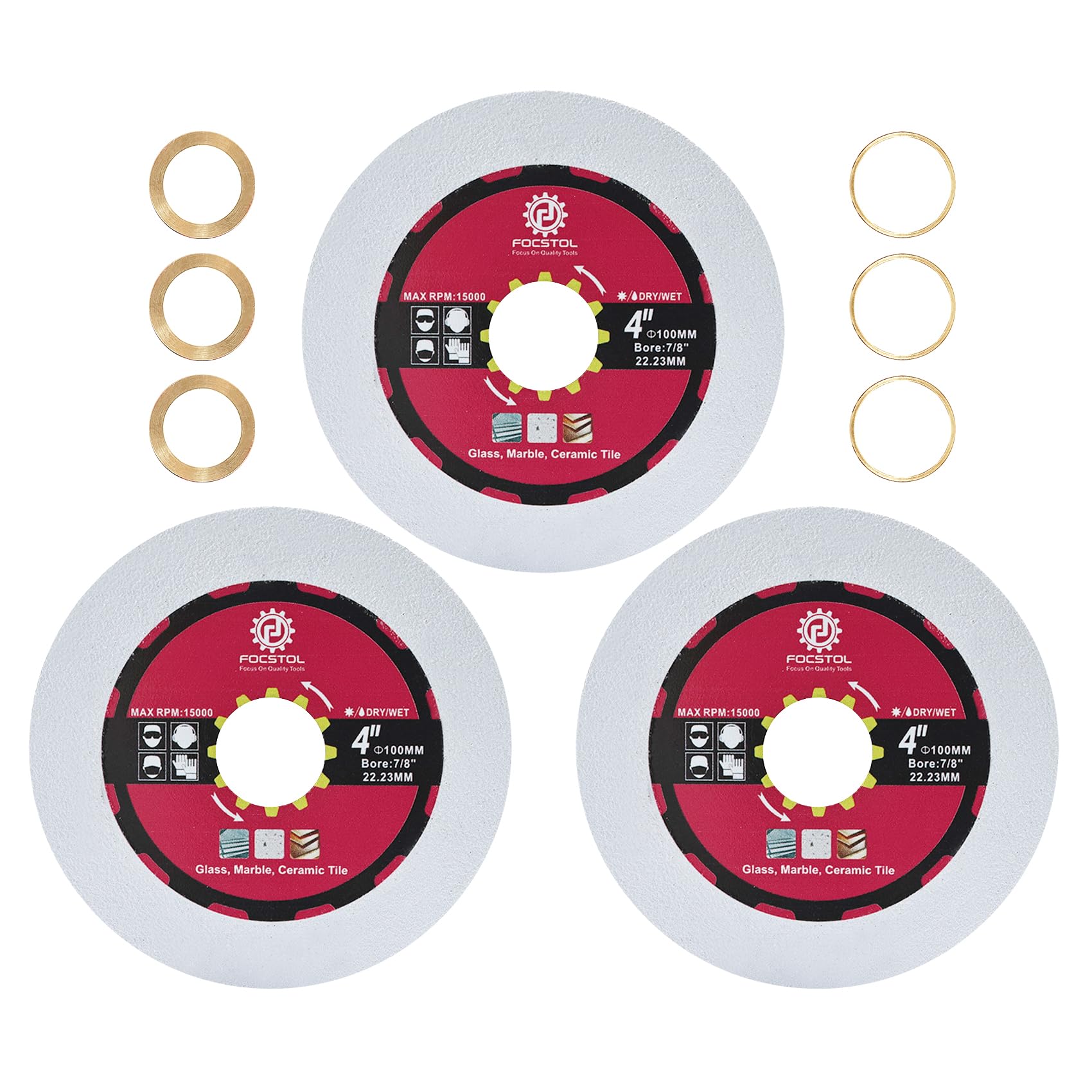 FOCSTOL Diamond Glass Cutting Disc - 3pcs 100mm Diamond Saw Blade for Glass Ceramic Tile Marble for Angle Grinder Arbor 22.23mm x 20mm x 15.875mm
