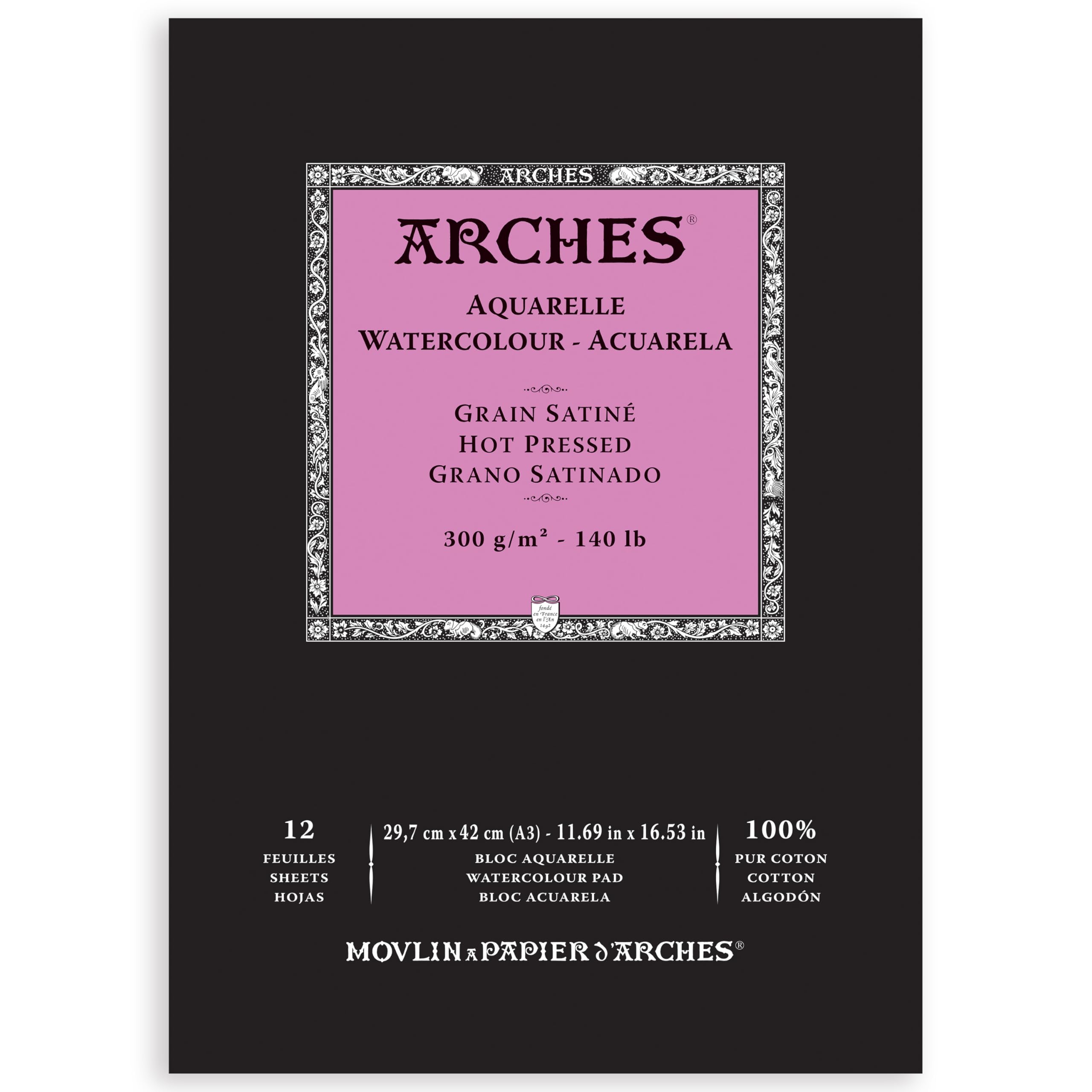 ARCHES Aquarelle 100% Satin 300 g Glued Pad A3 12 sheets Natural White
