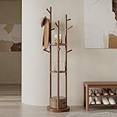 Muwuele Solid Wood Rotary Coat Rack, Freestanding Coat Rack with 3 Shelves and 9 Hooks, Coat tree for Bedroom, Entryway, Livi