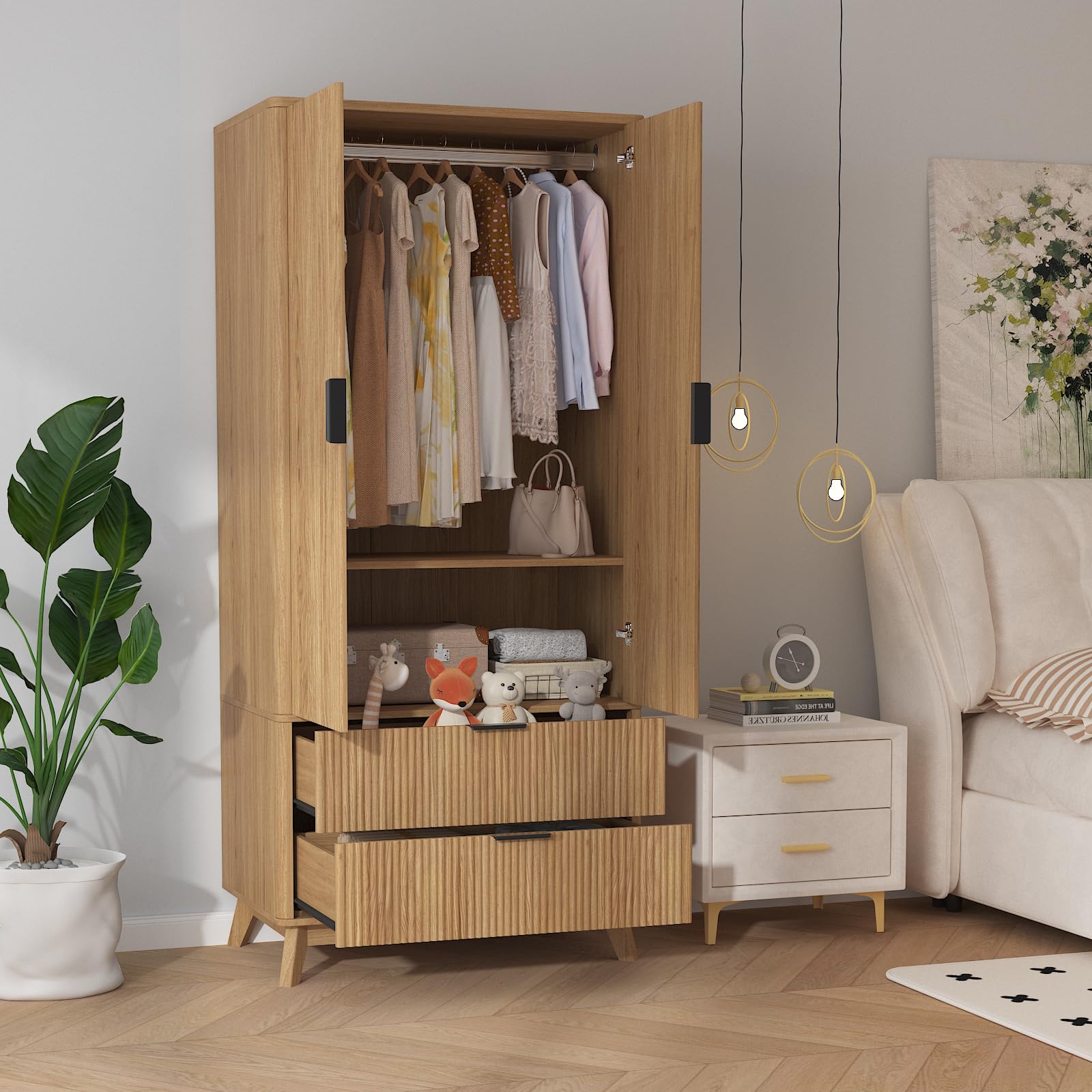 Photo 1 of ***MISSING PARTS -SELLING AS IS*** Garvee 71" Armoire Wardrobe Closet, Modern Wooden Bedroom Armoire with 2 Drawers & 2 Doors and Adjustable Shelves, Clothing Storage Cabinet with Aluminum Hanging Rod, Locker