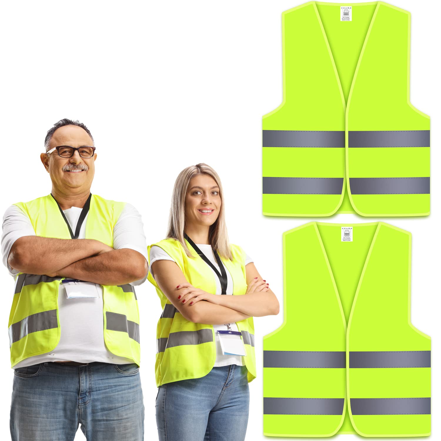 2 Packs Hi Vis Vests, High Visibility Jackets Standard Size, Hi-vis Reflective Safety Vest for Men, Women, Neon Yellow/Green Colour, for Traffic Work, Construction, Running, Security, Guard, Unisex
