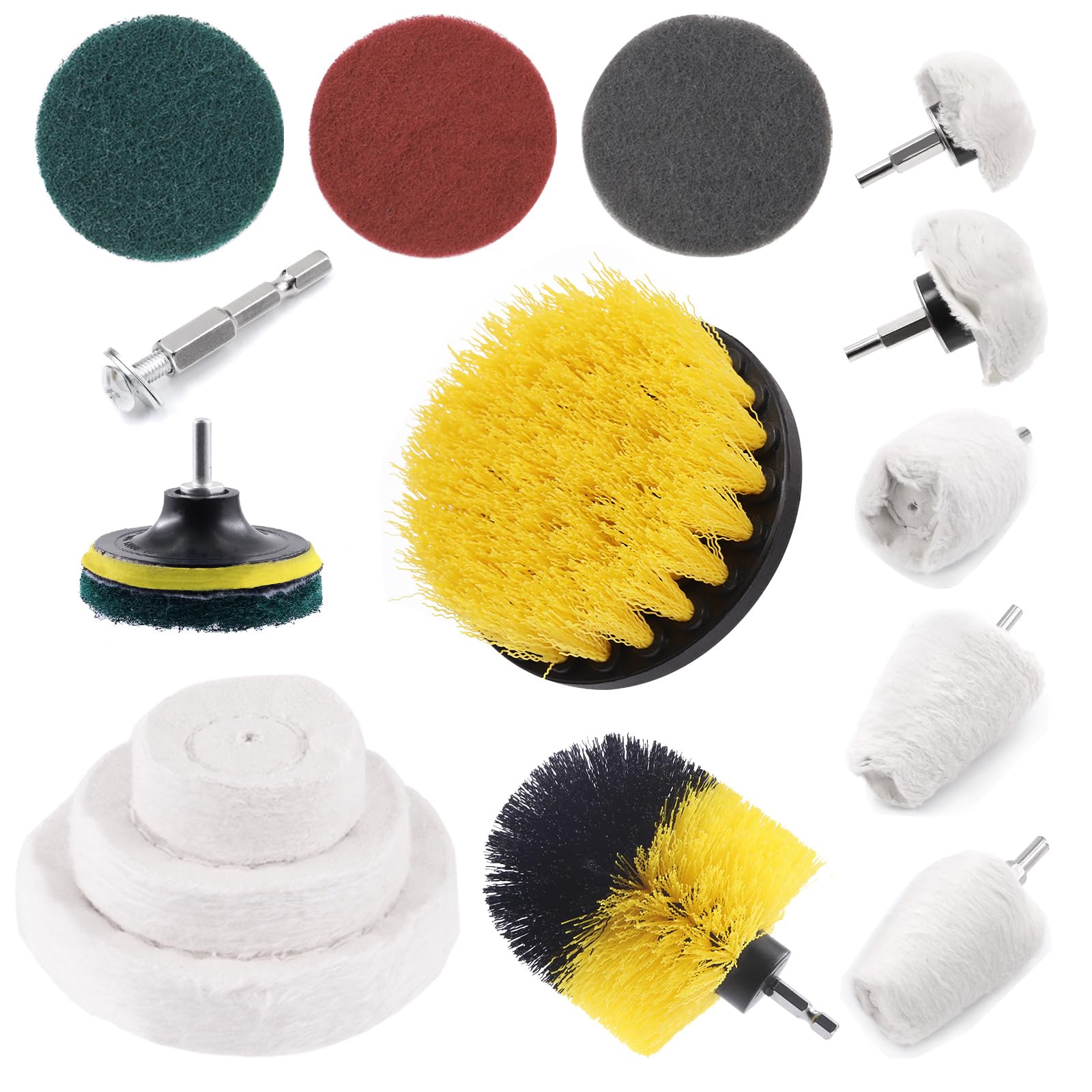 Glarks 14Pcs Buffing Wheel Drill Brush Scouring Pad Disc Pad Holder Assortment Kit for Metal Aluminum Stainless Steel Chrome Wood Plastic Ceramic Glass Woods Kitchen Bathroom Auto Carpet