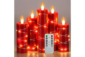 Da by Red Flameless Candles with String Lights, Battery Operated Candles with Remote Control and Timer,Flickering LED Pillar Candles for Home Décor,Real Wax,5 Pack -Red