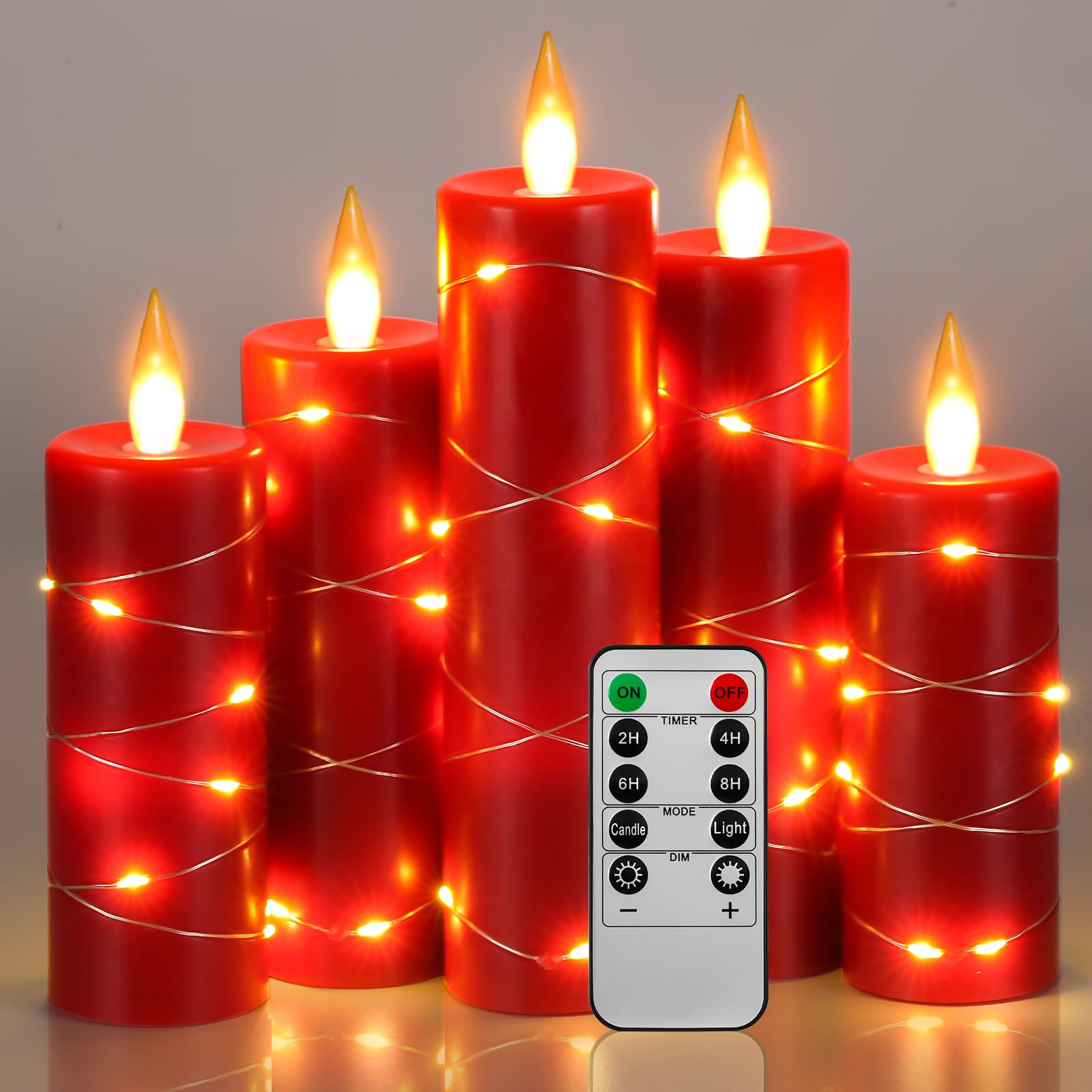 Flameless Candles 5-Pack Fairy String Lights LED Candles,360 Degree Viewing Angle, with Starry String Lights, with 10-Key Remote Control, 24-Hour Timer Function, Dancing Flame, Real Wax(Red).