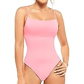 Ladyslim Women's Colombian Cami Thong Bodysuit Double Lined Square Neck BodySuit Adjustable Spaghetti Strap Tank Tops