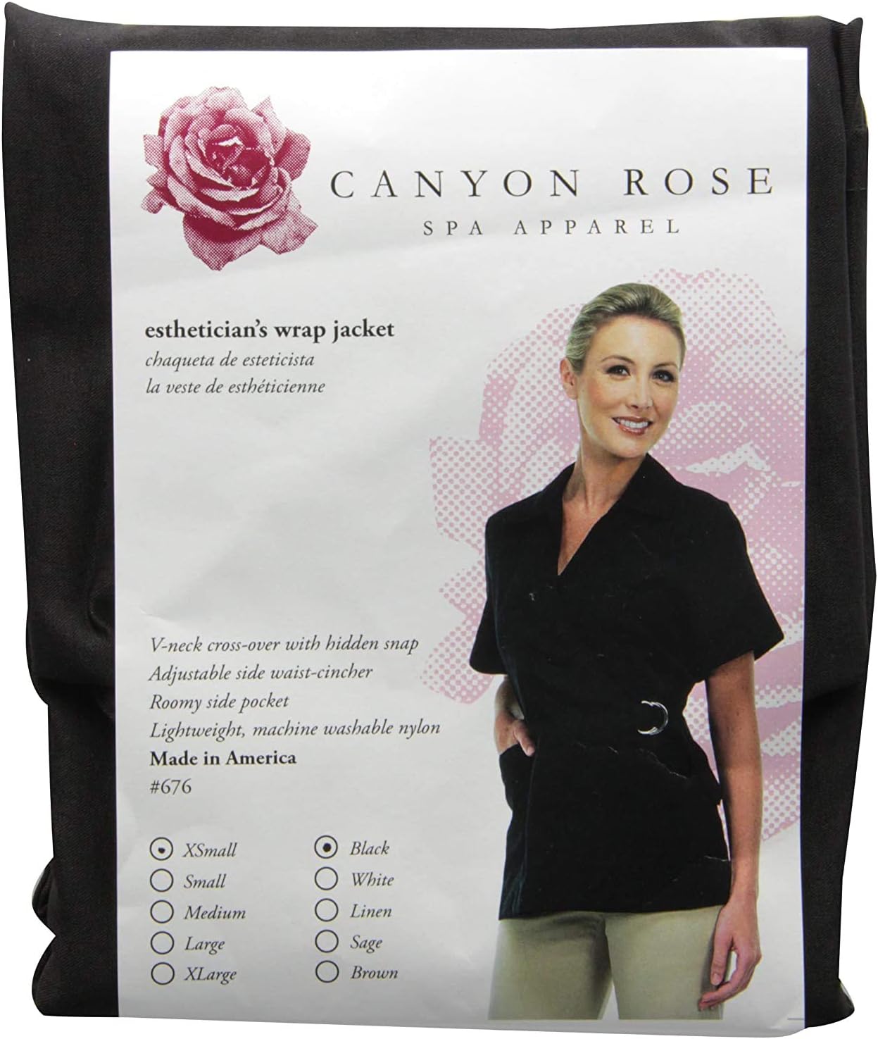 Canyon Rose Wrap Front Salon Esthetician Jacket, Short Sleeve Wrap Style with Side Tie, Cross Front V-neckline, Hidden Button, Adjustable Side Waist Cincher, Nylon/Spandex Stretch Fabric, Brown, L