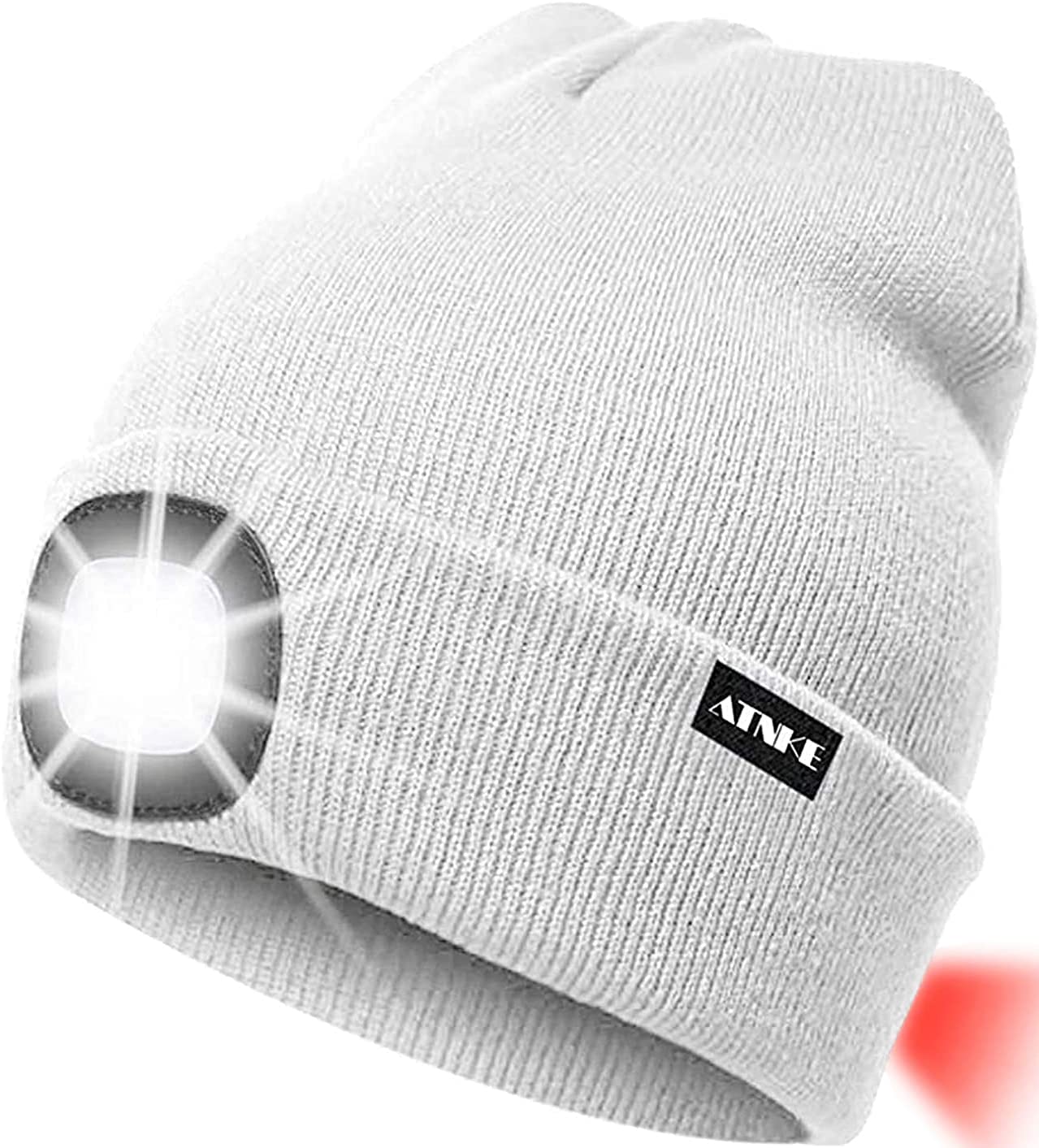 ATNKE 8LED Lighted Knit Hat,USB Rechargeable Running Headlamp Cap Ultra Bright Waterproof Light Lamp and Flashing Alarm Red Tail Light Multi-Color/White