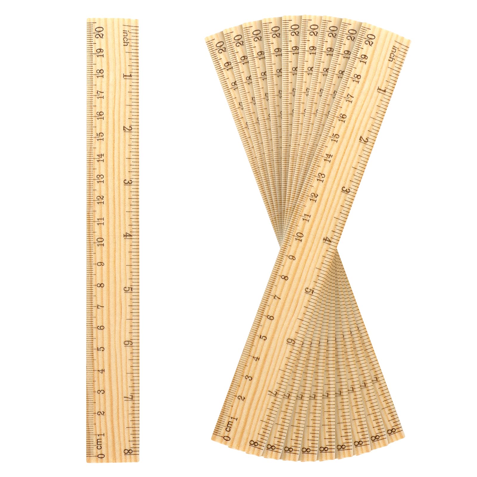 AIEX 10pcs Wooden Rulers with 2 Precise Scales, Single Printed Wooden Rulers Bulk for School Classroom Home Office Crafts, 20cm
