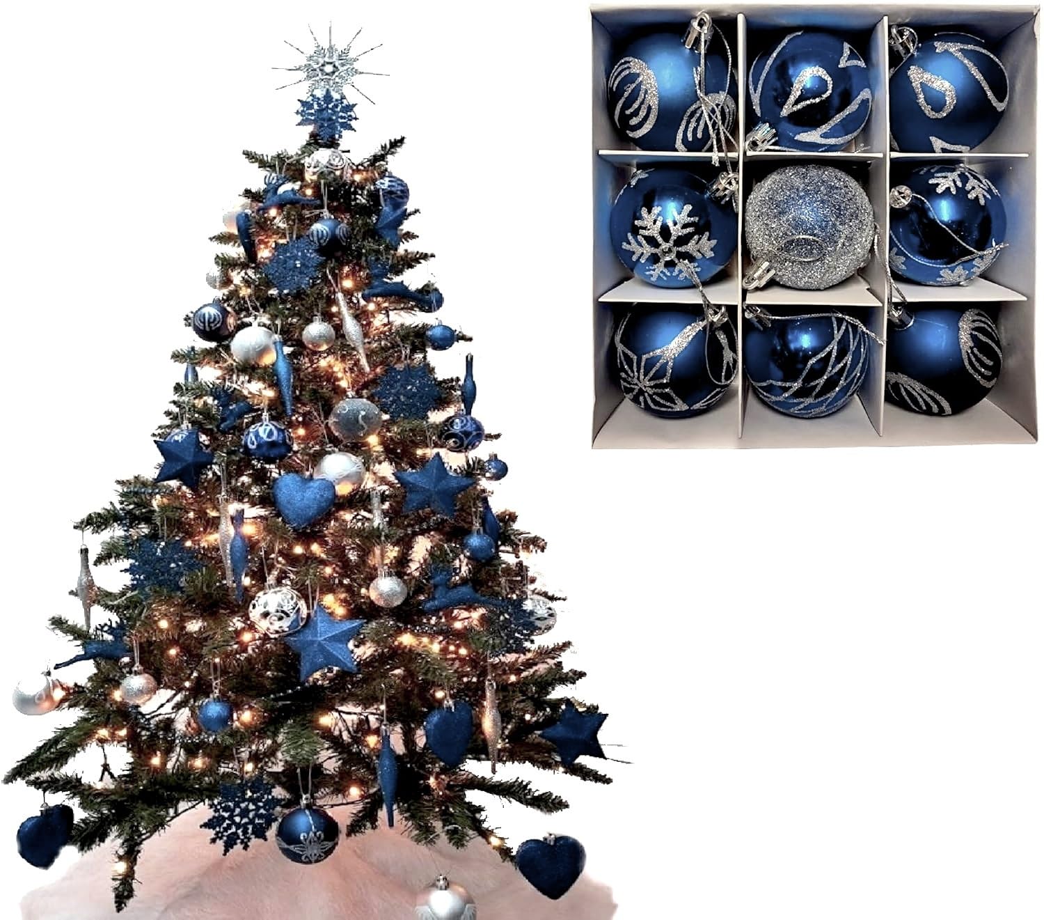 9pc Luxury Premium Baubles, Christmas Tree Bauble Decorations Matte, Glitter, shiny & Frosted (6cm) (Navy) — image 1