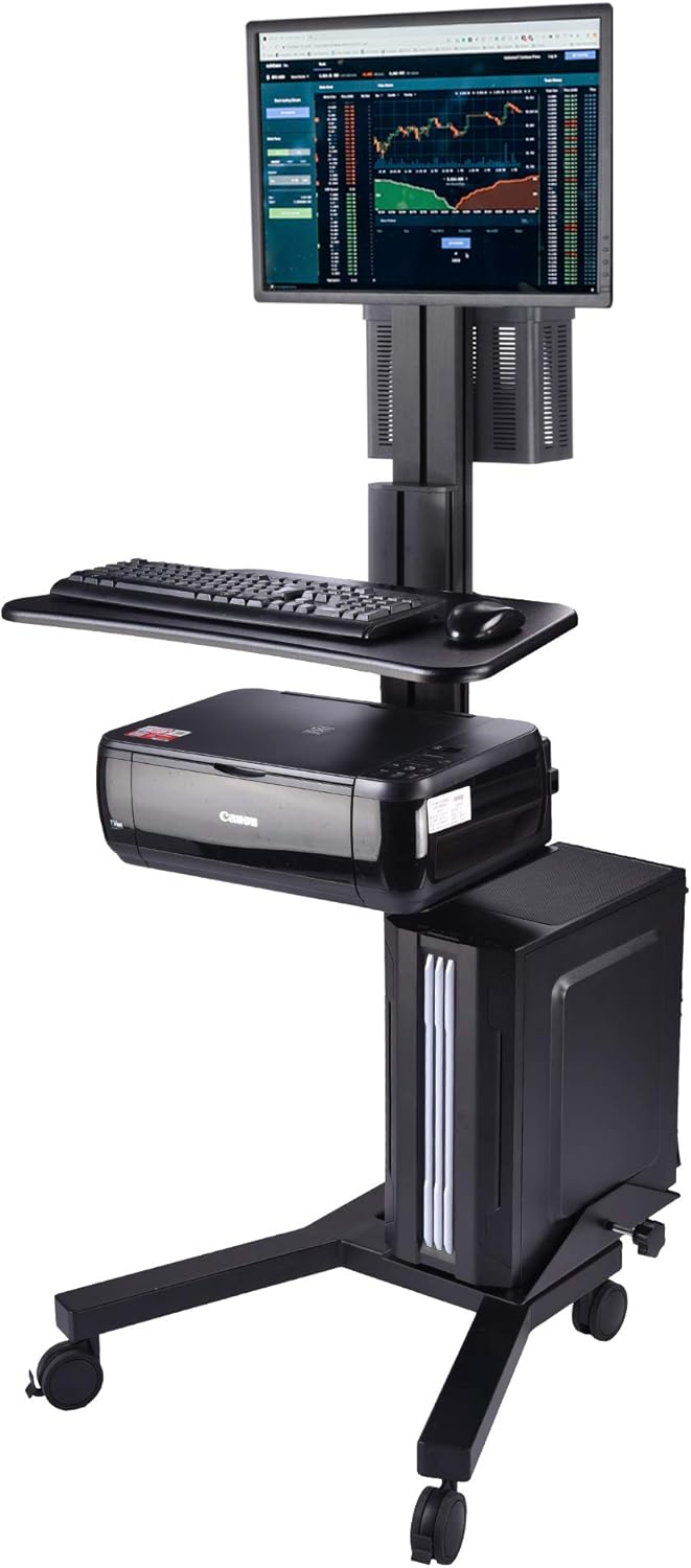 AW Adjustable Rolling PC Mobile Cart 25x22x69" Monitor Mount Printer Deck Aluminum Computer Desk Sit Stand Workstation Black : Office Products
