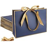 STOBOCTER 12 Pcs Thank You Gift Bags with Handles 12.6x4x9.1'' Welcome Bags Return Gifts with Bow Ribbon for Graduation Wedding Bridesmaid Father's Day Baby Shower Birthday Party(Navy Blue, Gold)