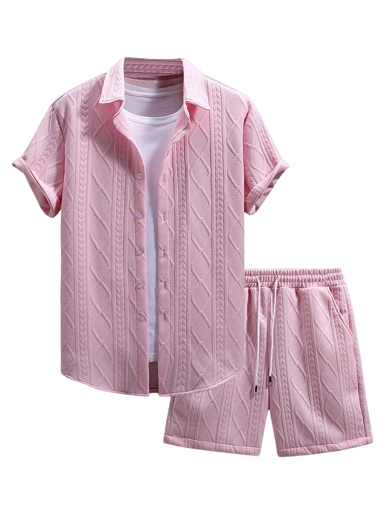 Photo 1 of GORGLITTER Men's 2 Piece Outfits Waffle Knit Button Down Shirt Top and Shorts Set Pink Large