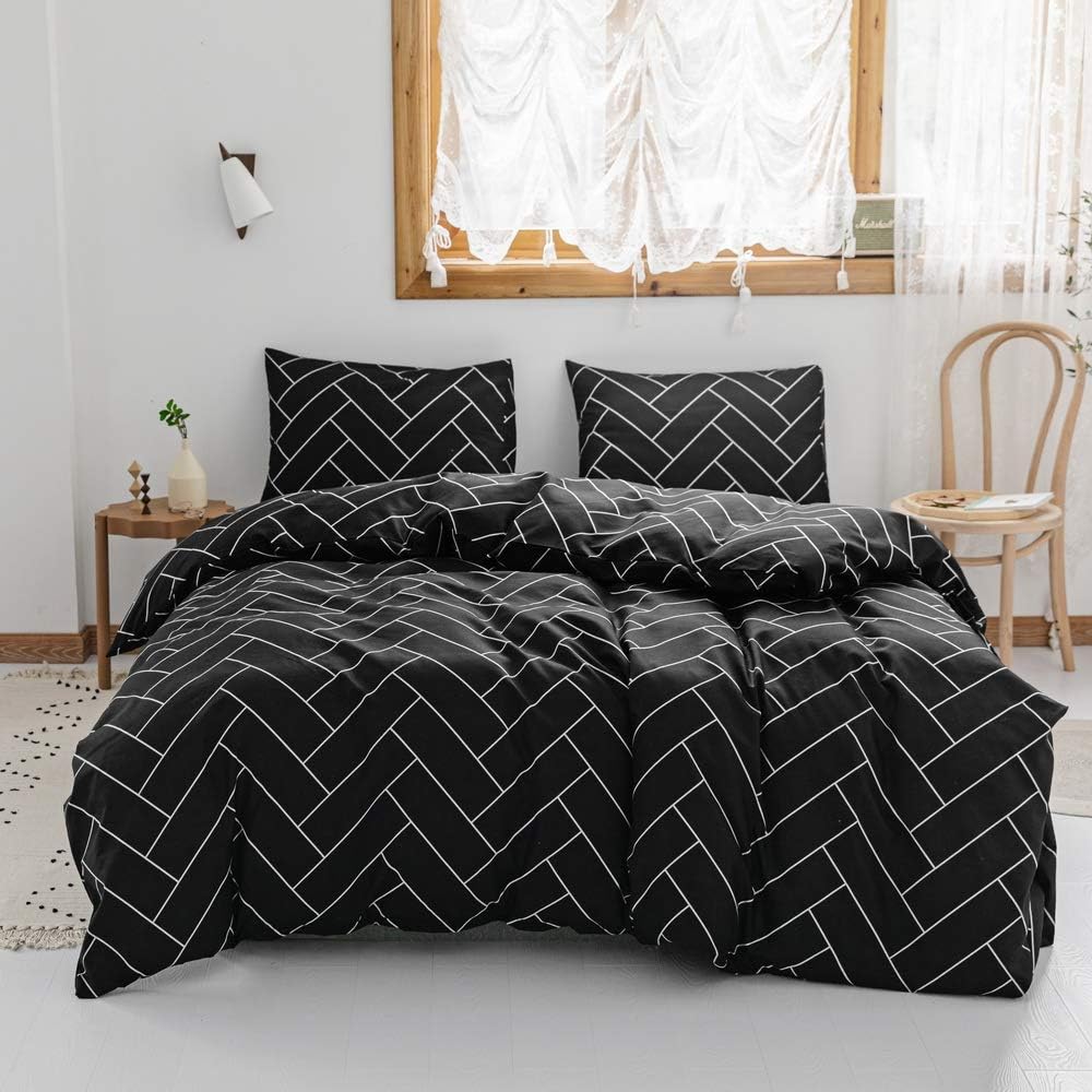 Smoofy Geometric Duvet Cover, 3 PCS Luxury Duvet Cover, Black Buffalo Plaid Bedding Cover, 90X90 Queen & Full Size Farmhouse Duvet Cover with Hidden Zipper