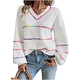 Verdusa Women's Striped Oversized Sweaters Cozy Pullover V Neck Knit Sweater Fall Winter Clothes