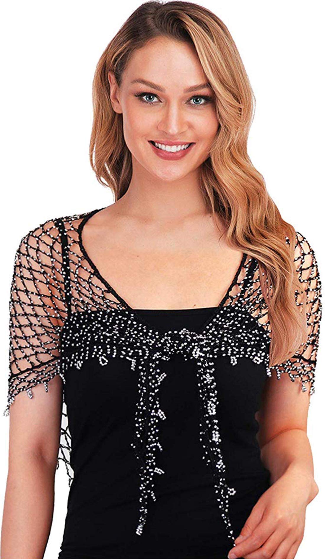 Zakia Women's hollow crochet beaded shawl wedding bezel shrug beach scarf tops blouse Zakia Women's hollow crochet beaded shawl wedding bezel shrug beach scarf tops blouse