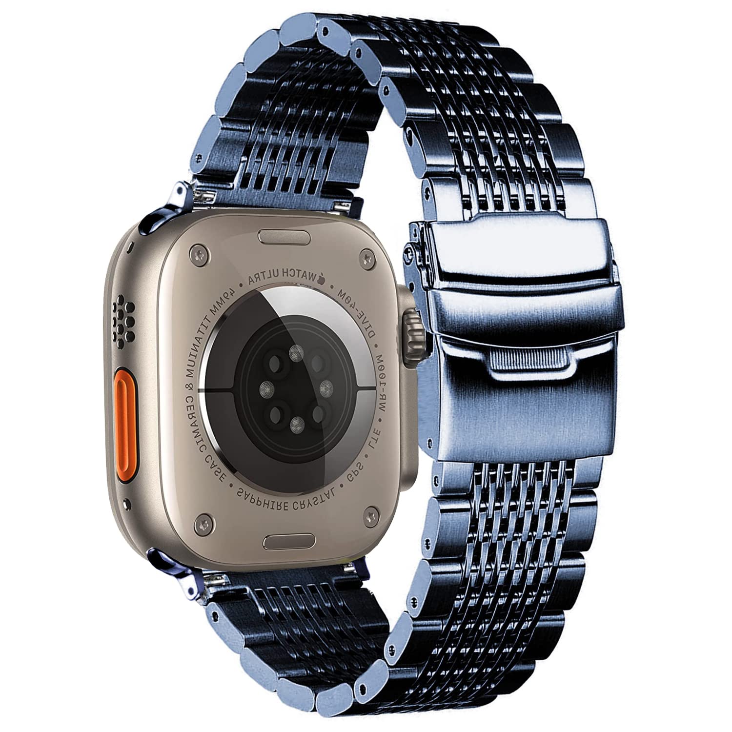 DEALELE Strap Compatible with iWatch 42mm 44mm 45mm 49mm, Solid 15-Rows Stainless Steel Metal Replacement Bracelet for Apple Watch Series 8/7 / 6/5 / 4/3 / SE/Ultra Women Men, Blue