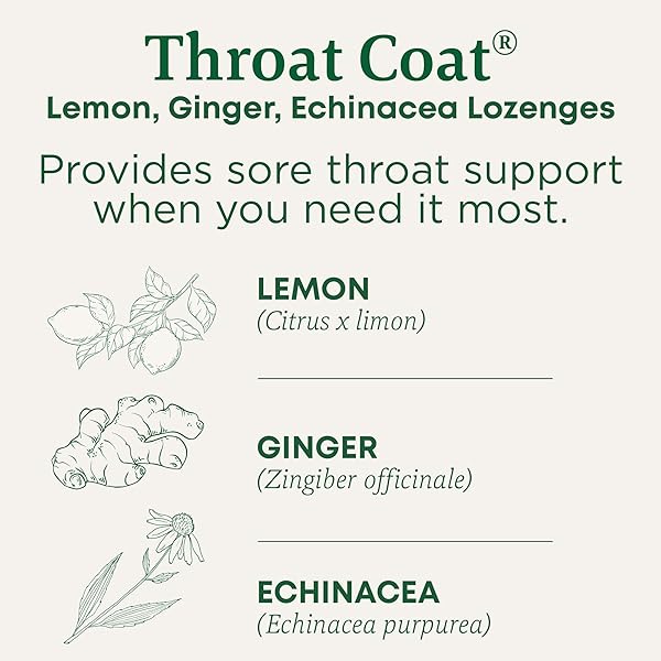 TRADITIONAL MEDICINALS ORGANIC, THROAT COAT LOZENGES, LEMON GINGER ECHINACEA – HERBAL COUGH DROPS, HELPS SOOTHE SORE THROAT – NON-GMO, STIMULANT-FREE – 16 COUNT