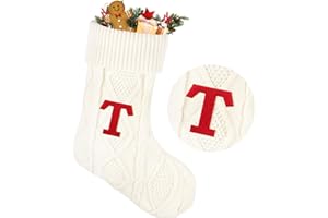 PHOXPH 21 Inches Knitted Christmas Stockings with Initials, Large White Custom Monogram Christmas Stockings with Letter, Suitable for Xmas Holiday Party Gifts & Decoration for Fireplace (White-T)